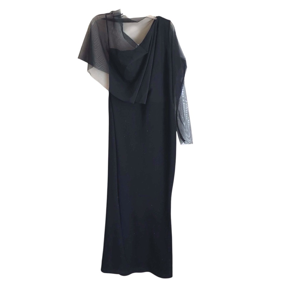 Marcella Valeria European Ponte One Shoulder Gown Black Illusion Sleeve Large - Picture 2 of 8